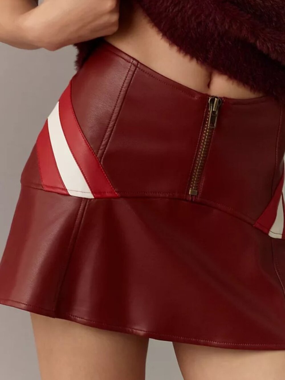Burgundy Faux Leather Mini Skirt with Red & White Racing Stripes
